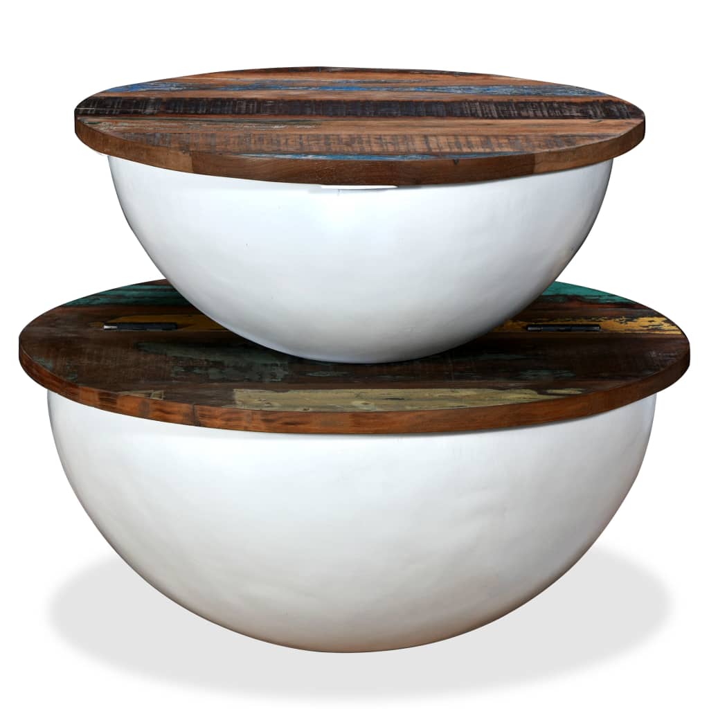 Coffee Table Set 2 Pieces Solid Reclaimed Wood White Bowl Shape