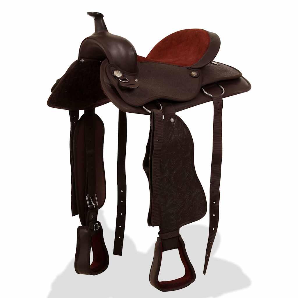 91347 vidaXL Western Saddle, Headstall&Breast Collar Real Leather 15" Brown