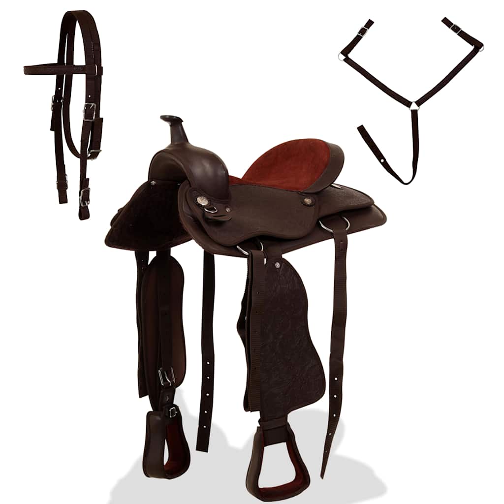 91347 vidaXL Western Saddle, Headstall&Breast Collar Real Leather 15" Brown