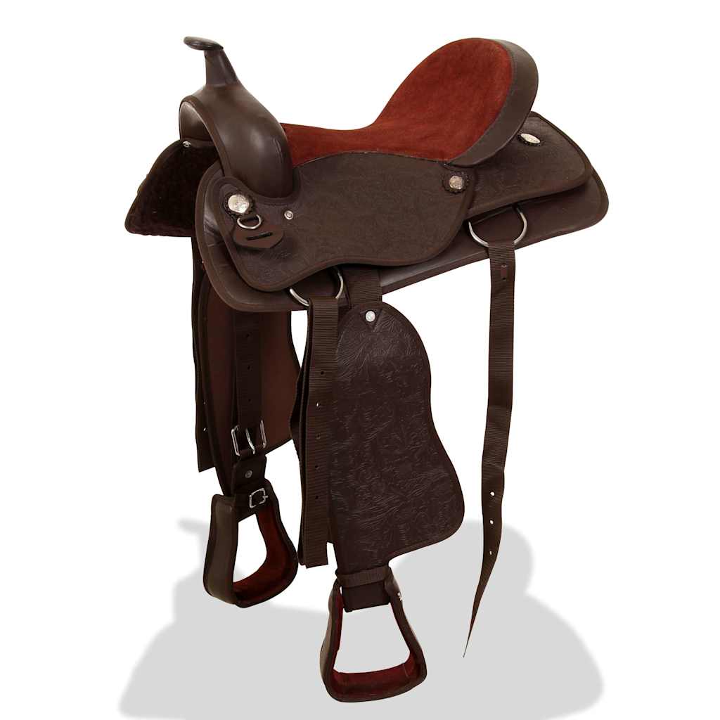 91347 vidaXL Western Saddle, Headstall&Breast Collar Real Leather 15" Brown