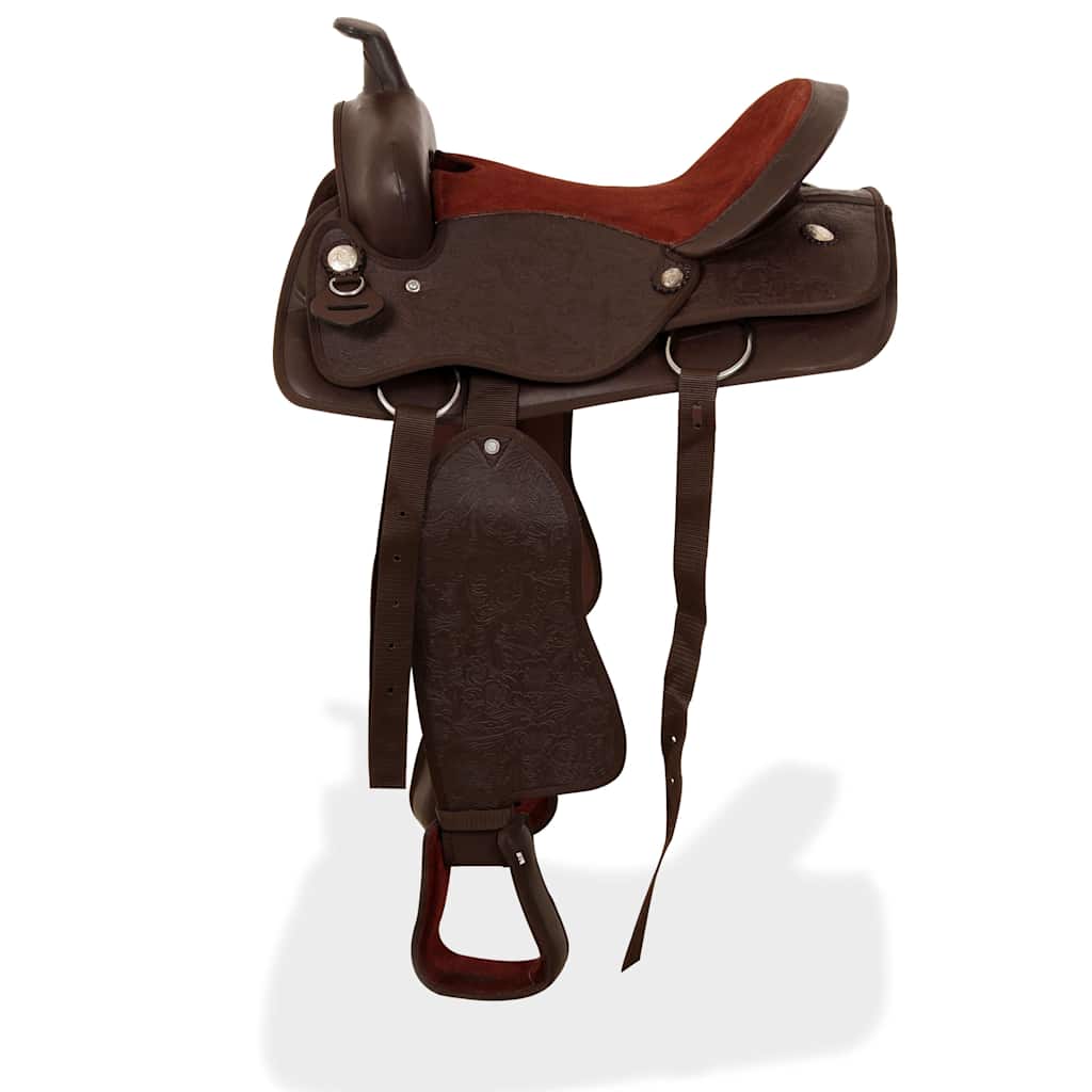 91347 vidaXL Western Saddle, Headstall&Breast Collar Real Leather 15" Brown