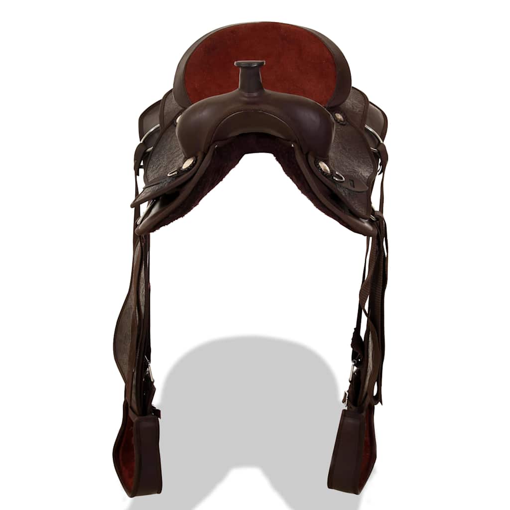 91347 vidaXL Western Saddle, Headstall&Breast Collar Real Leather 15" Brown