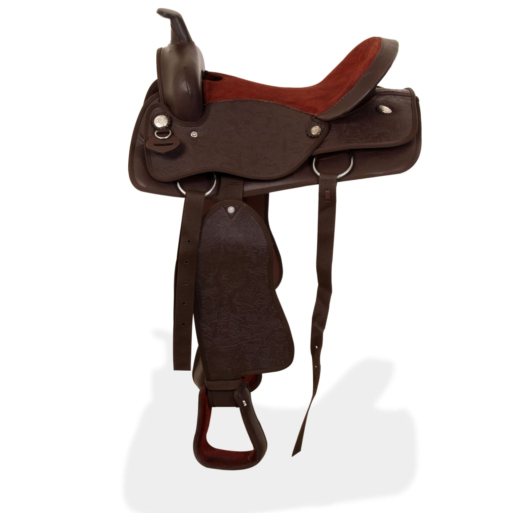 91348 vidaXL Western Saddle, Headstall&Breast Collar Real Leather 16" Brown