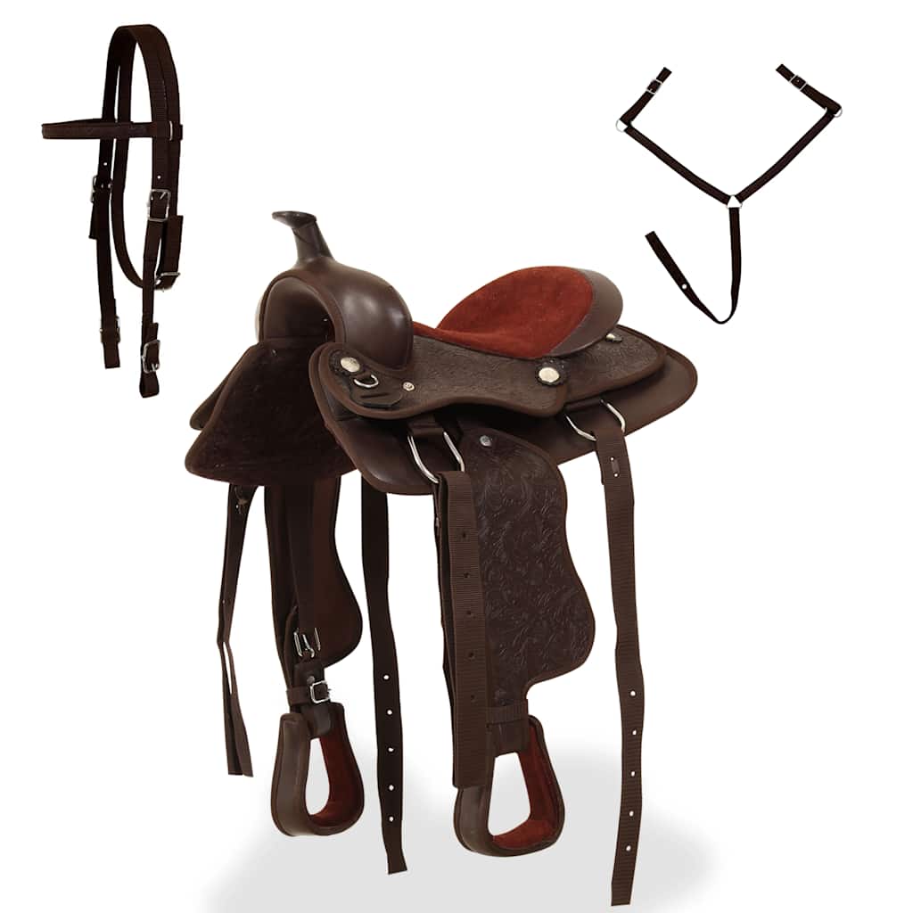 91351 vidaXL Western Saddle, Headstall&Breast Collar Real Leather 13" Brown