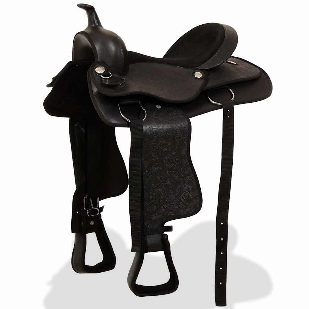 91354 vidaXL Western Saddle, Headstall&Breast Collar Real Leather 17" Black