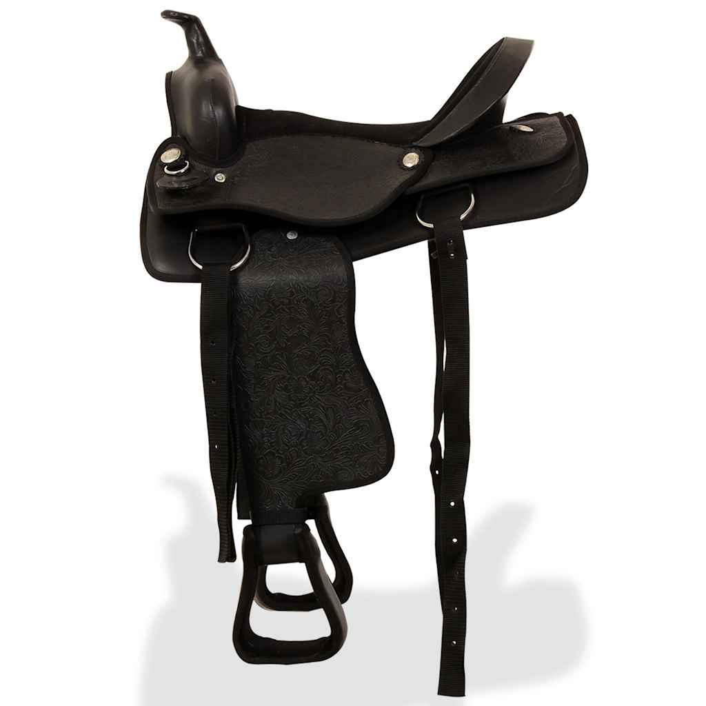 91354 vidaXL Western Saddle, Headstall&Breast Collar Real Leather 17" Black