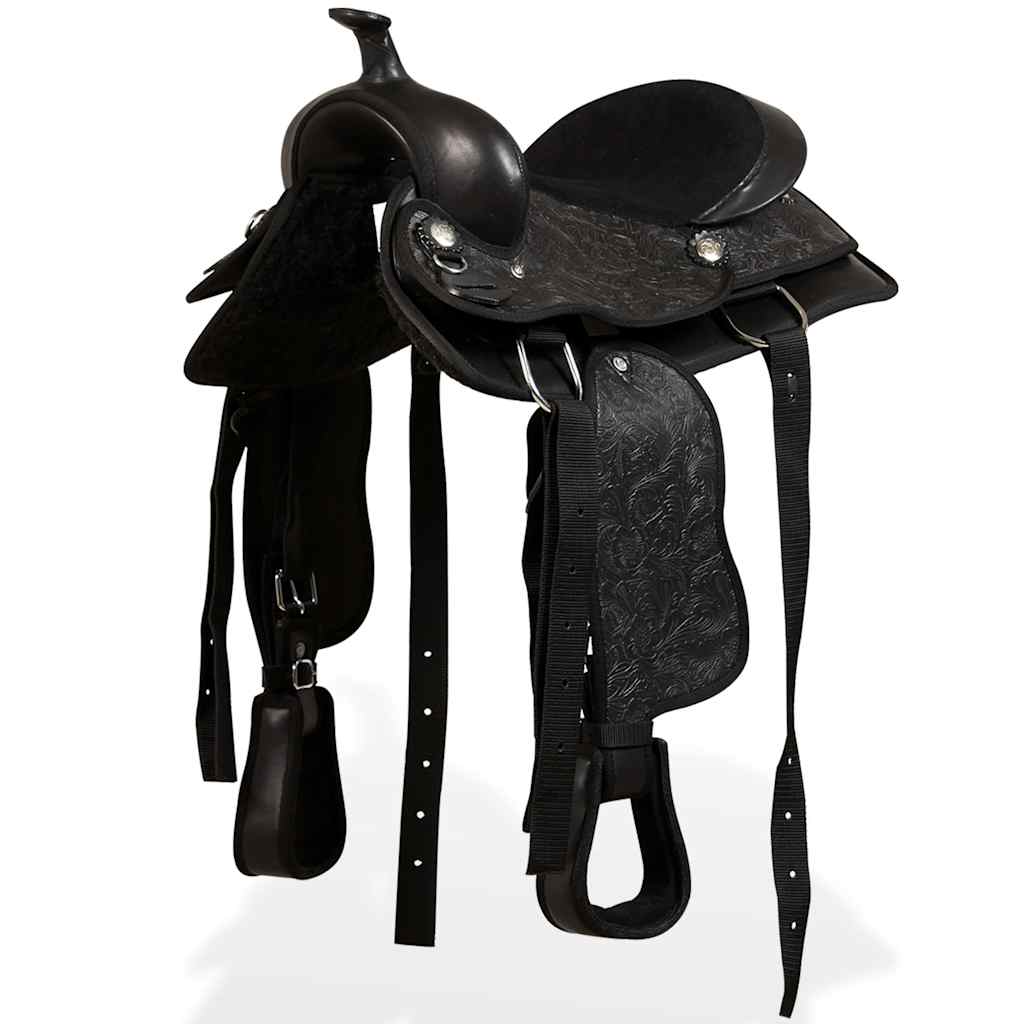 91355 vidaXL Western Saddle, Headstall&Breast Collar Real Leather 12" Black