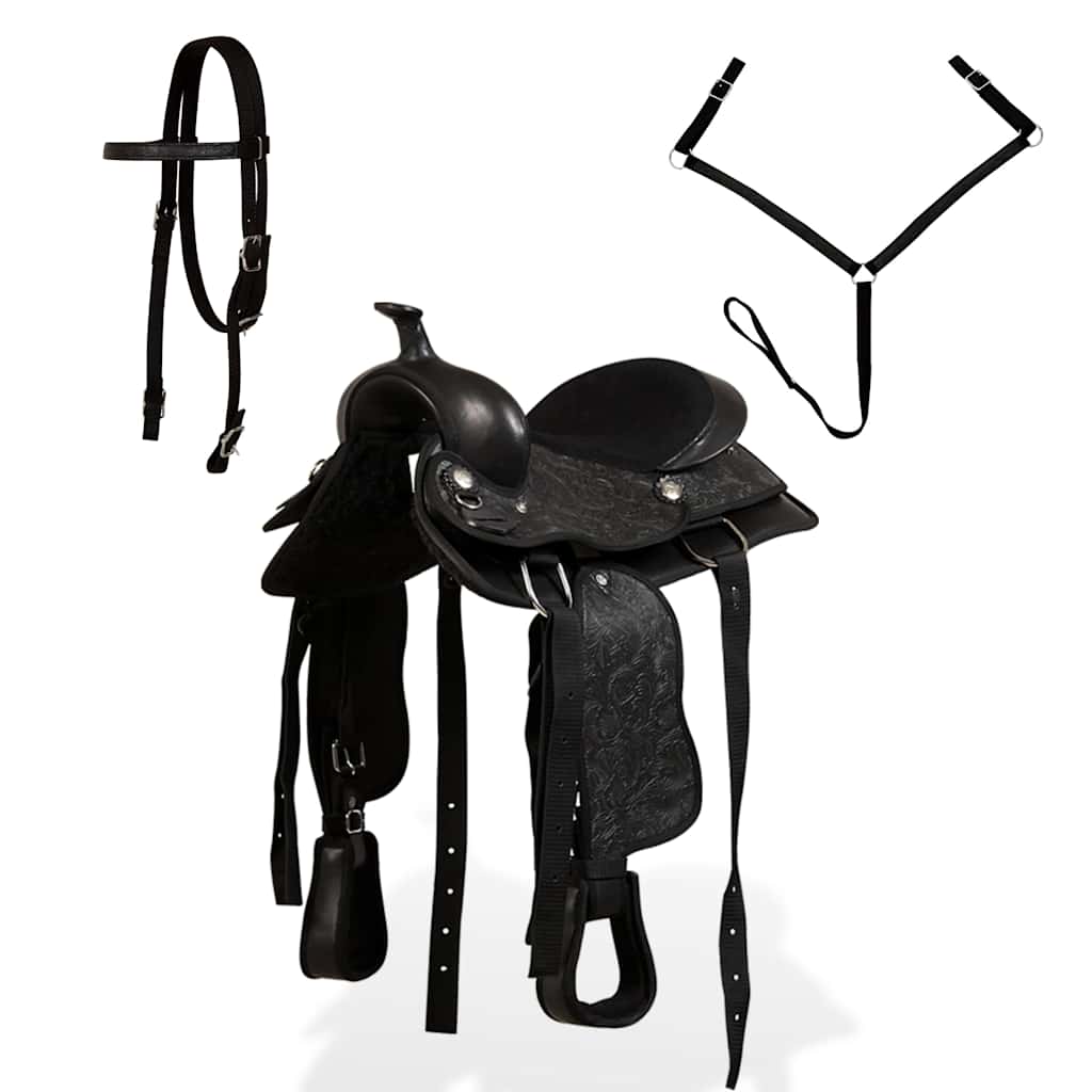 91355 vidaXL Western Saddle, Headstall&Breast Collar Real Leather 12" Black