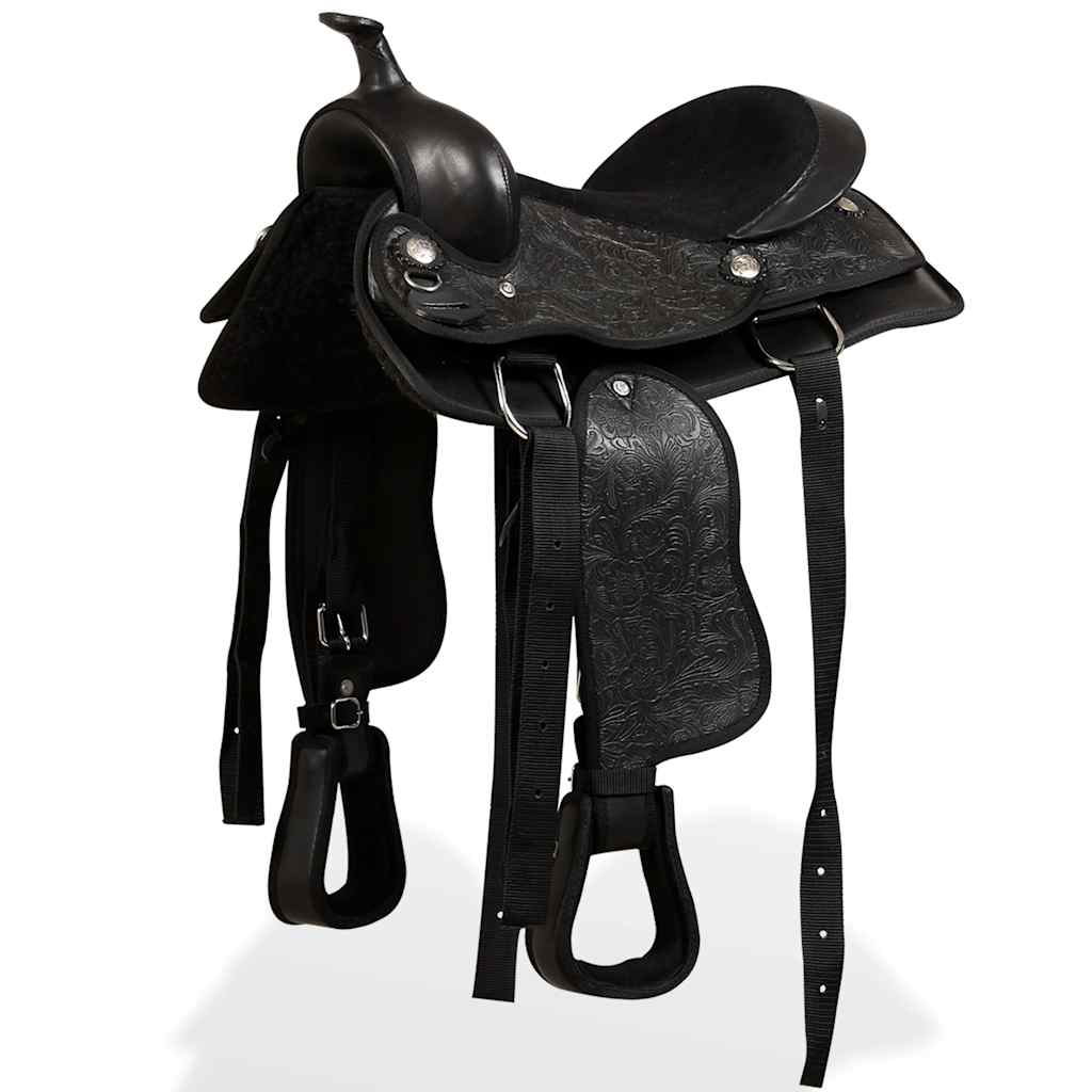 91355 vidaXL Western Saddle, Headstall&Breast Collar Real Leather 12" Black