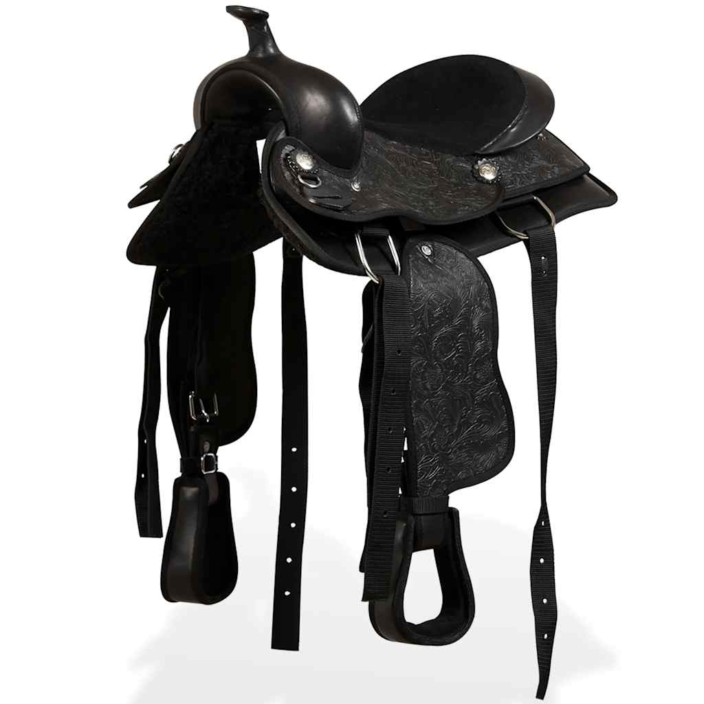91356 vidaXL Western Saddle, Headstall&Breast Collar Real Leather 13" Black