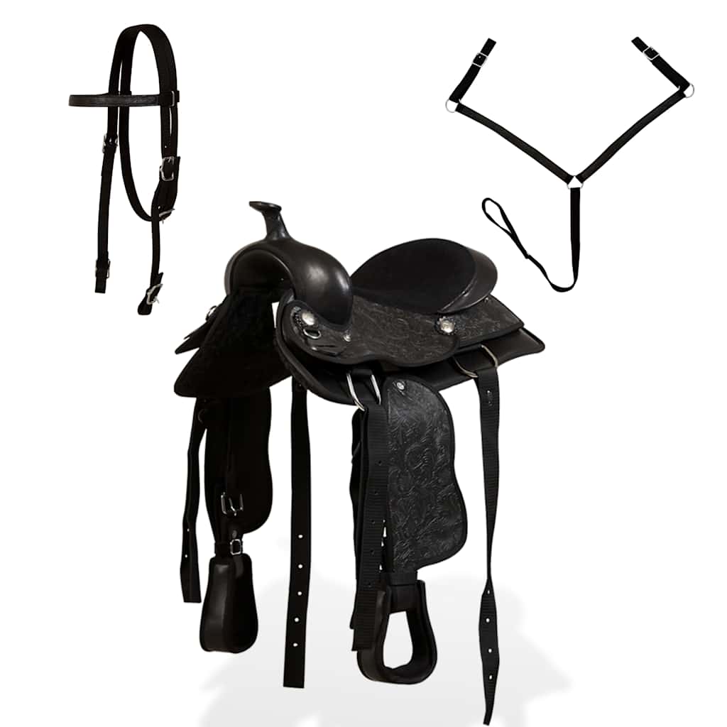 91356 vidaXL Western Saddle, Headstall&Breast Collar Real Leather 13" Black