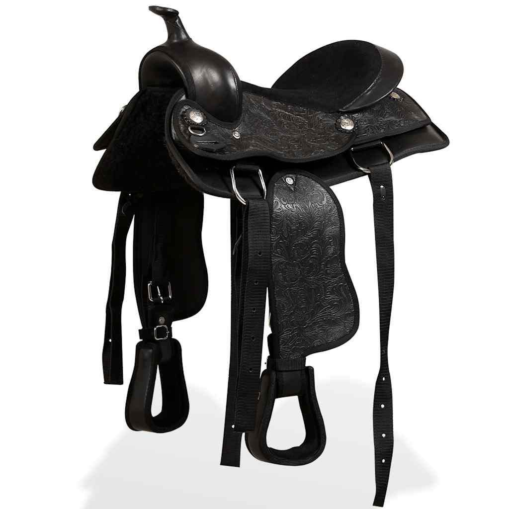 91356 vidaXL Western Saddle, Headstall&Breast Collar Real Leather 13" Black