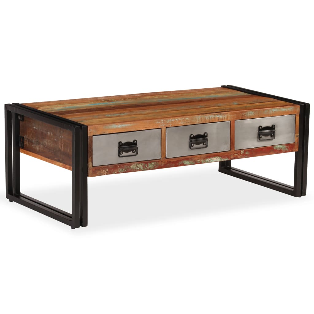 244941 vidaXL Coffee Table with 3 Drawers Solid Reclaimed Wood 100x50x35 cm