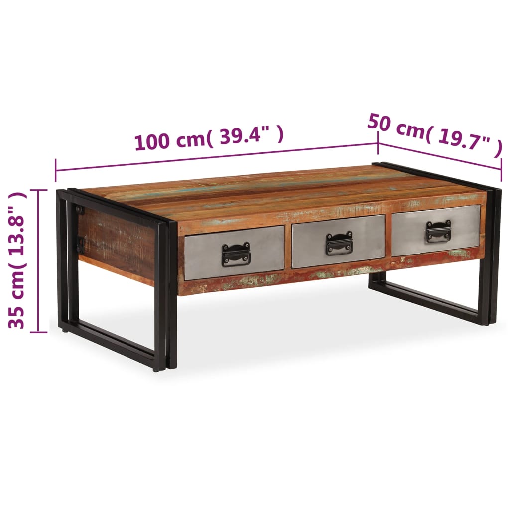 244941 vidaXL Coffee Table with 3 Drawers Solid Reclaimed Wood 100x50x35 cm