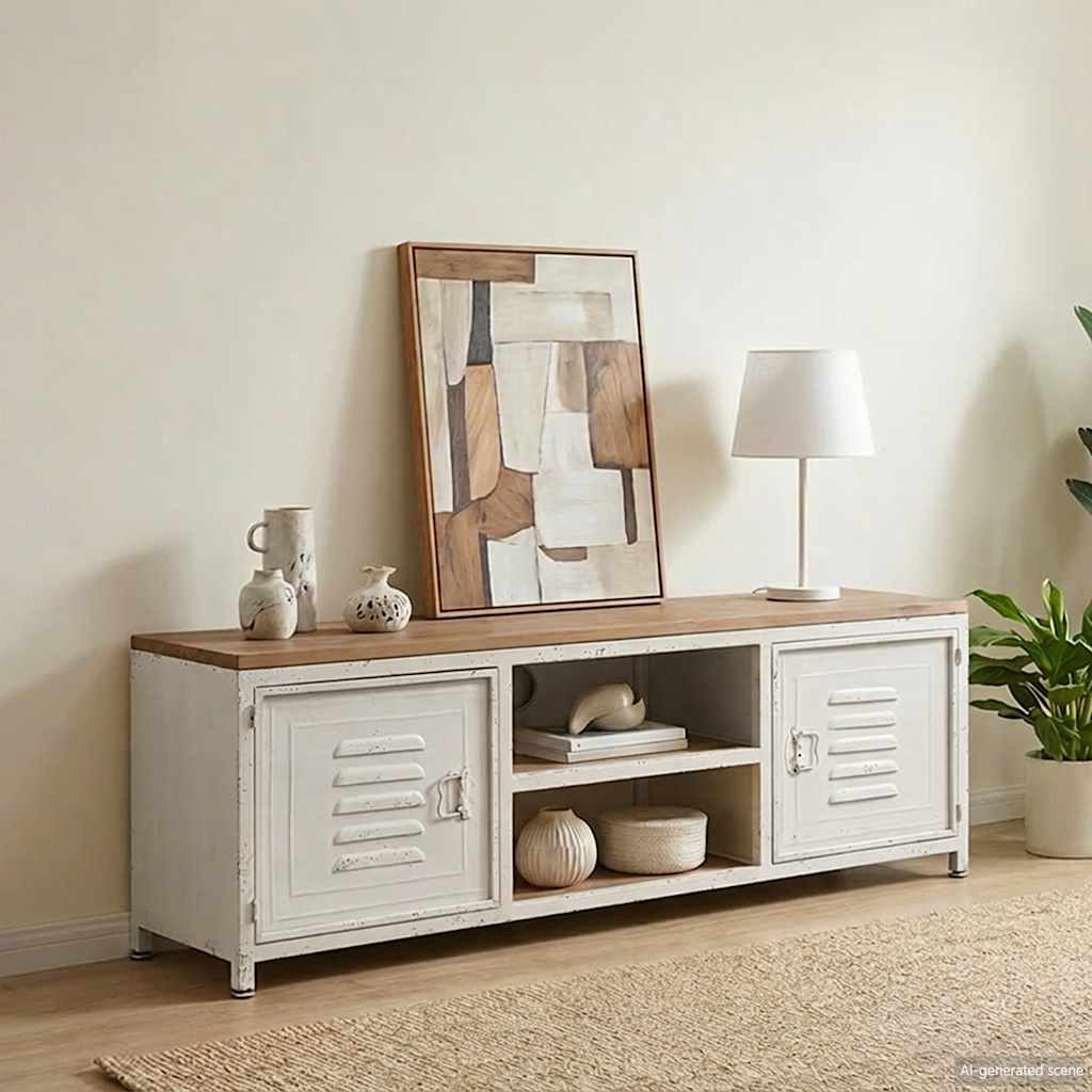 TV Stand | White and Brown | Galvanised Steel and Solid Fir Wood | Small