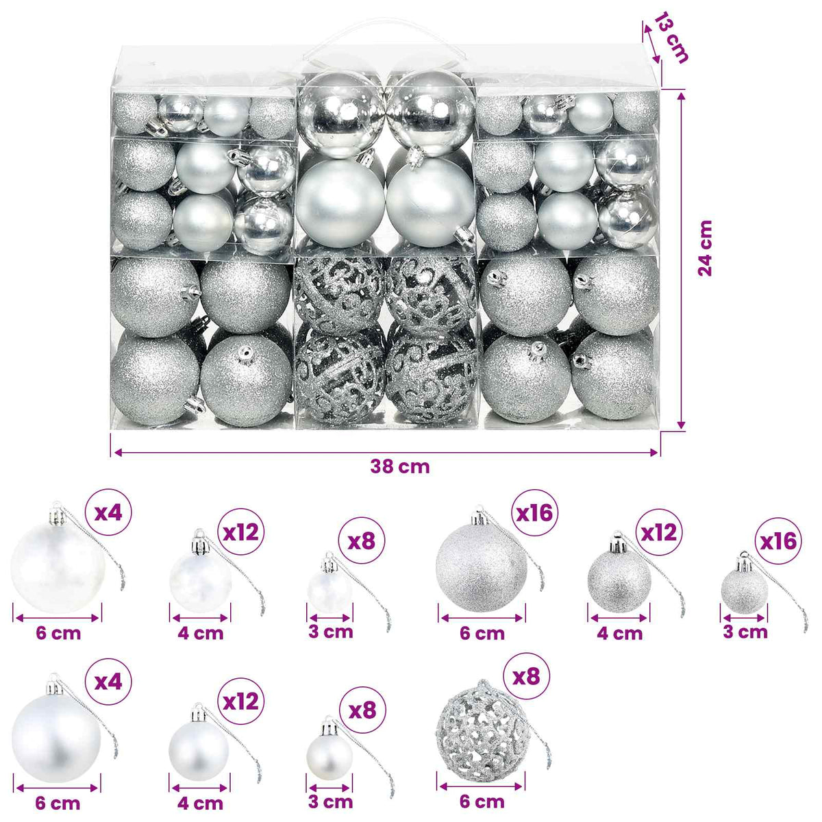 245712 vidaXL 100 Piece Christmas Ball Set 3/4/6 cm Silver