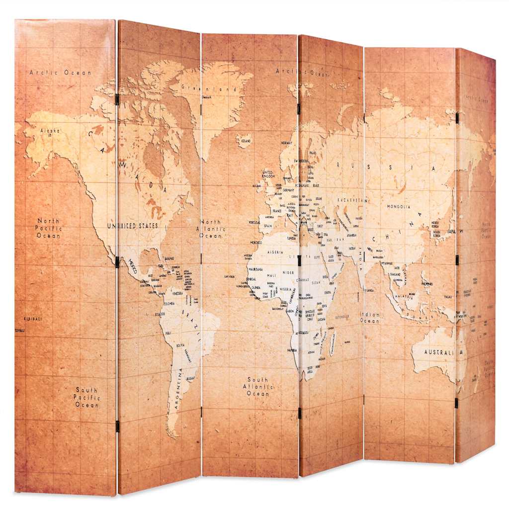Folding Room Divider 228x170 cm World Map Yellow