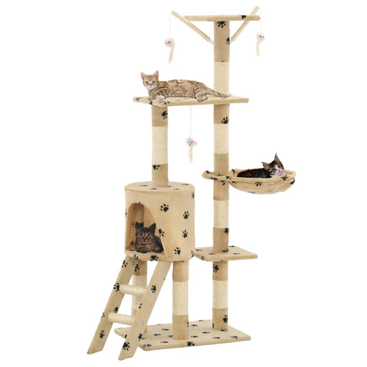 Cat Tree | Beige with paw prints | Particle board, Sisal rope, Soft plush