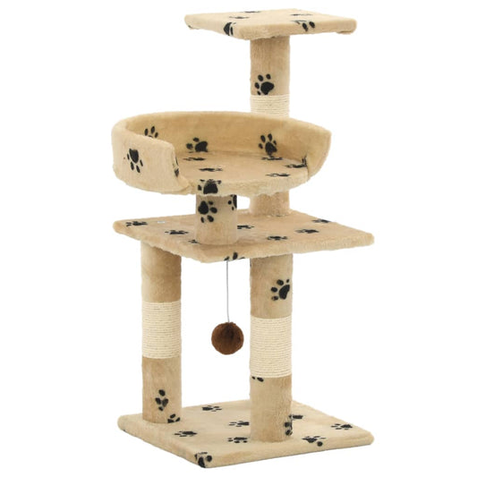 Cat Tree | Beige with paw prints | Particle board, soft plush, sisal rope
