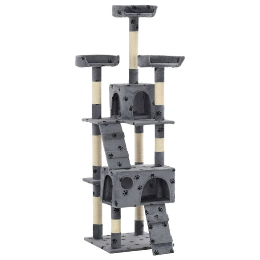 Cat Tree | Grey with paw prints | Particle board, Plush, Sisal rope
