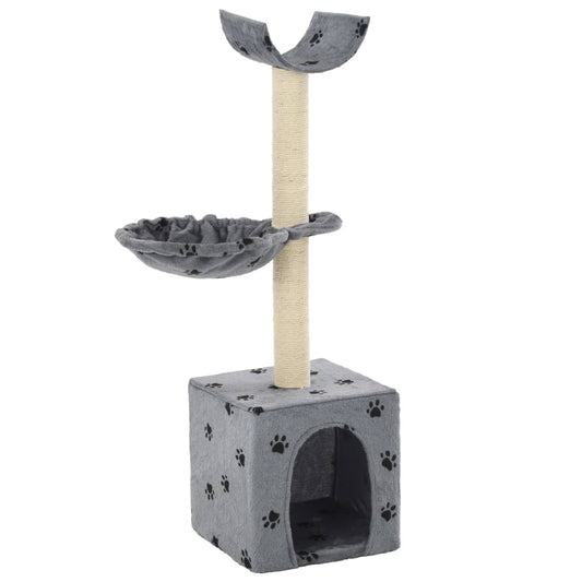 Cat Tree | Grey with Paw Prints | Particle Board, Plush, Sisal Rope