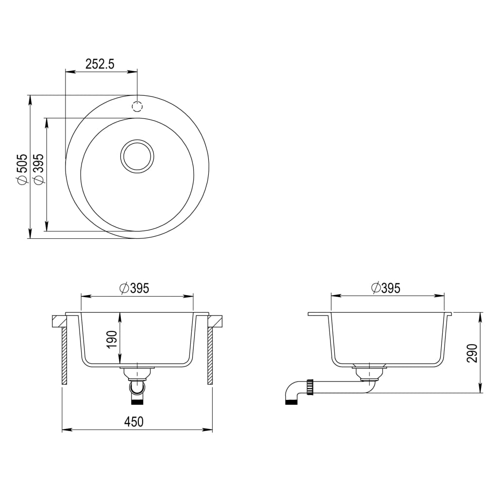 vidaXL Granite Kitchen Sink Single Basin Round Black