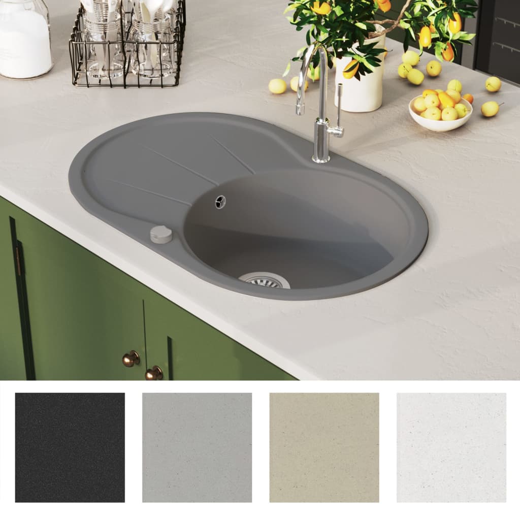 vidaXL Granite Kitchen Sink Single Basin Oval Grey