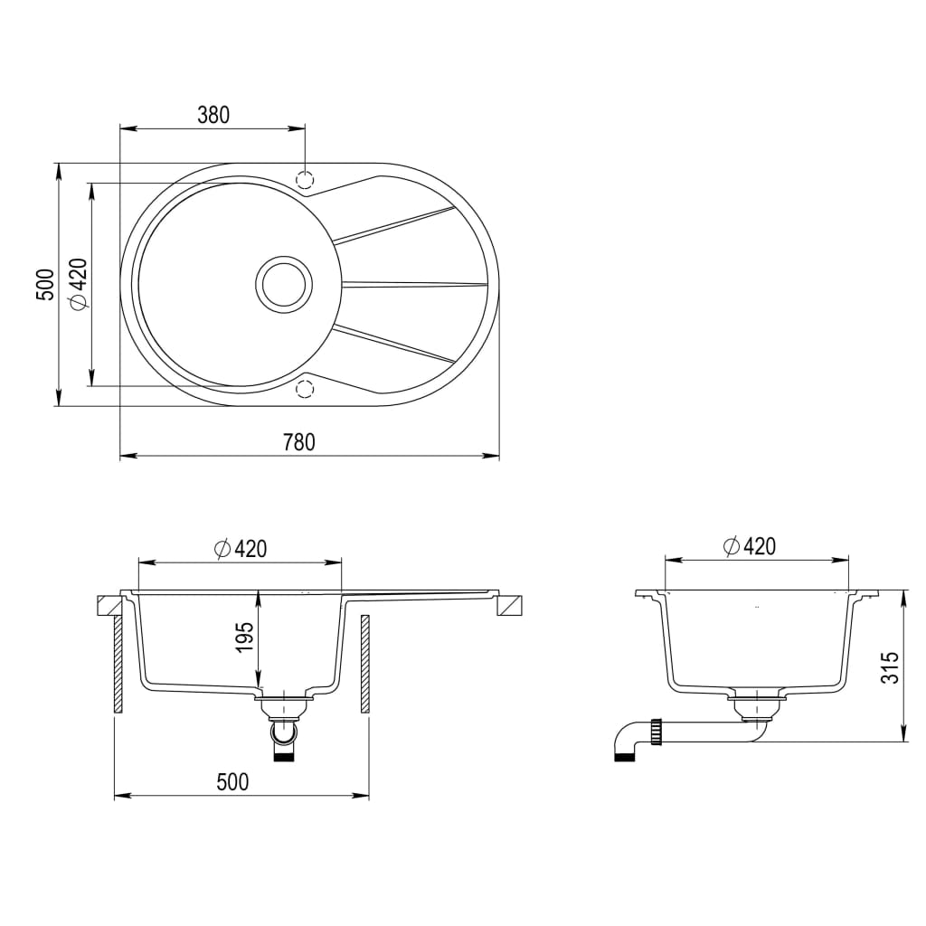 vidaXL Granite Kitchen Sink Single Basin Oval Grey