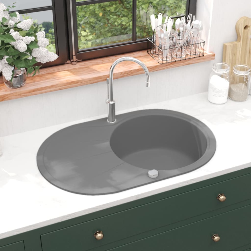 vidaXL Granite Kitchen Sink Single Basin Oval Grey