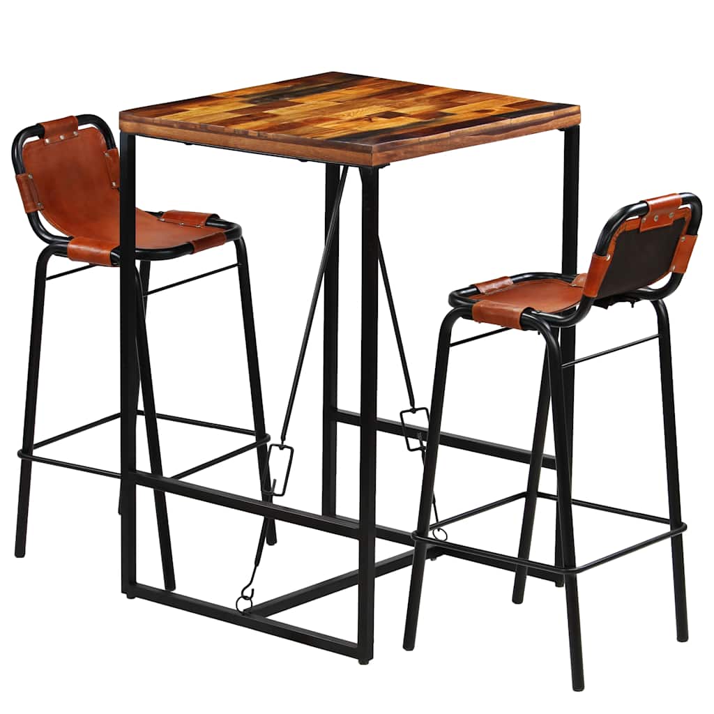 246286 vidaXL Bar Set 3 Pieces Solid Reclaimed Wood and Genuine Goat Leather