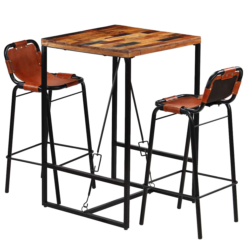 246286 vidaXL Bar Set 3 Pieces Solid Reclaimed Wood and Genuine Goat Leather