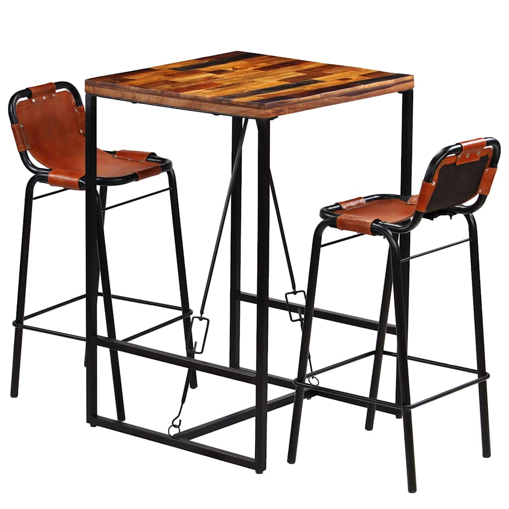 246286 vidaXL Bar Set 3 Pieces Solid Reclaimed Wood and Genuine Goat Leather