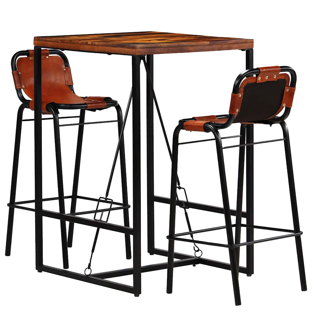 246286 vidaXL Bar Set 3 Pieces Solid Reclaimed Wood and Genuine Goat Leather