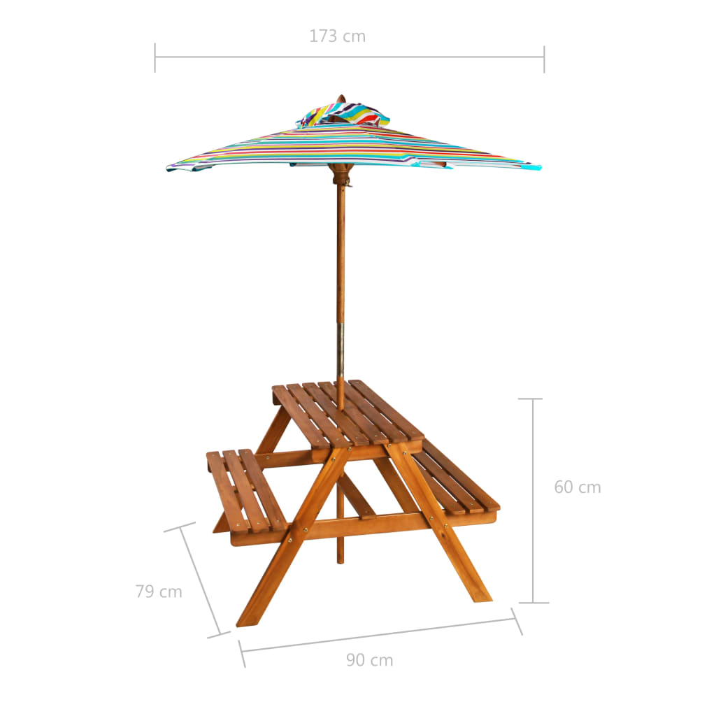 vidaXL Kids Picnic Table with Parasol 79x90x60 cm Solid Acacia Wood