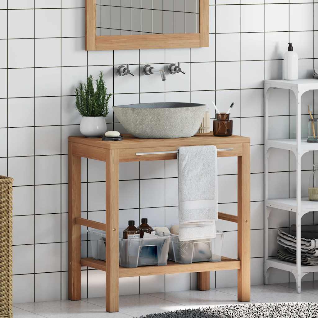 246496 vidaXL Bathroom Vanity Cabinet Solid Teak with Riverstone Sink