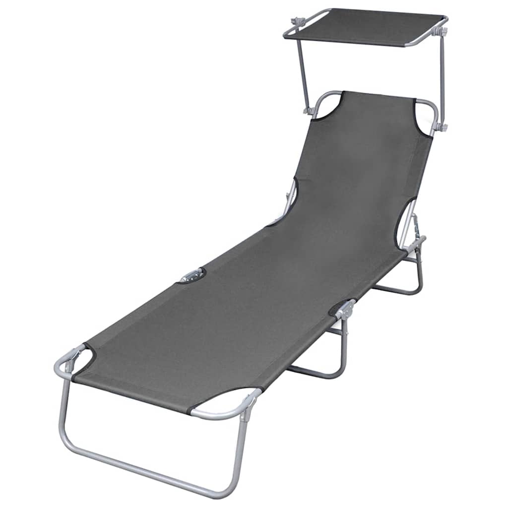 44291 vidaXL Folding Sun Lounger with Canopy Steel Grey