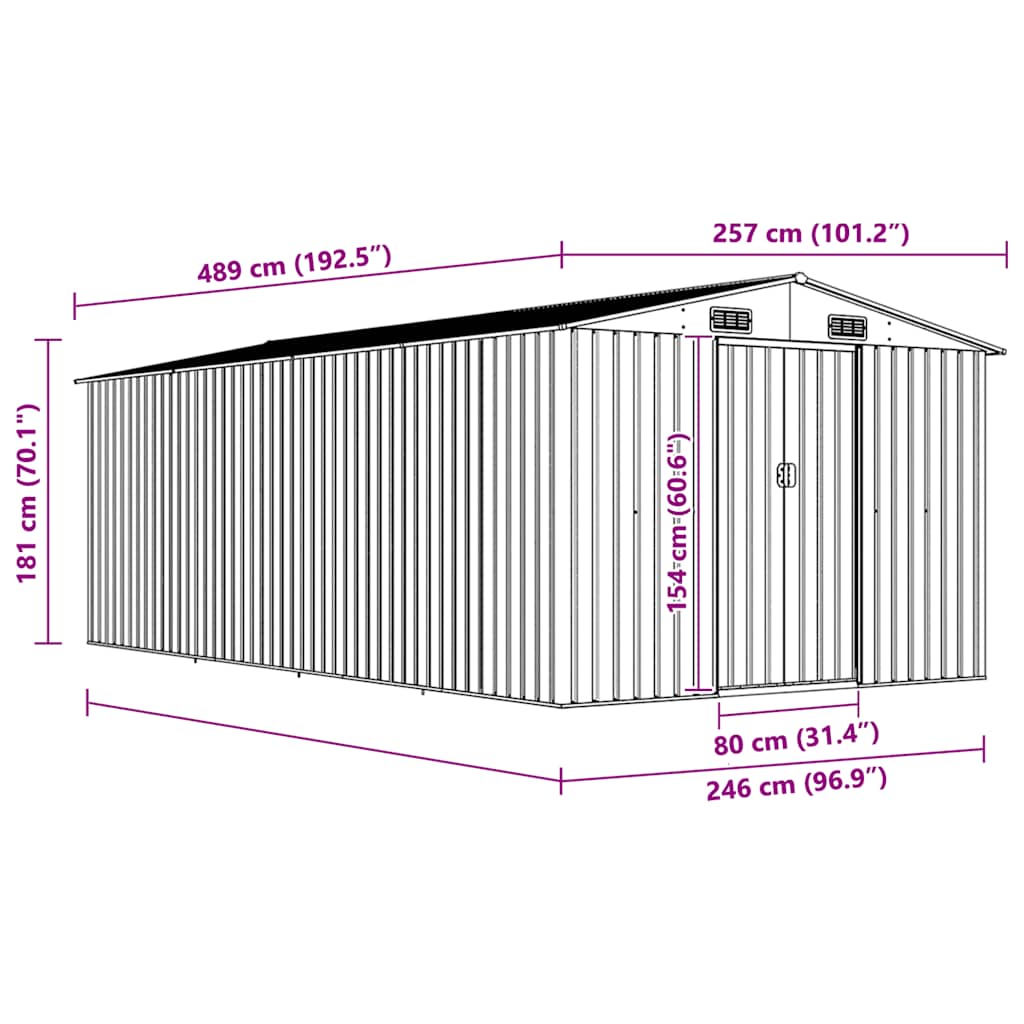Garden Shed | Metal Grey | Galvanized Steel | 257x489x181 cm