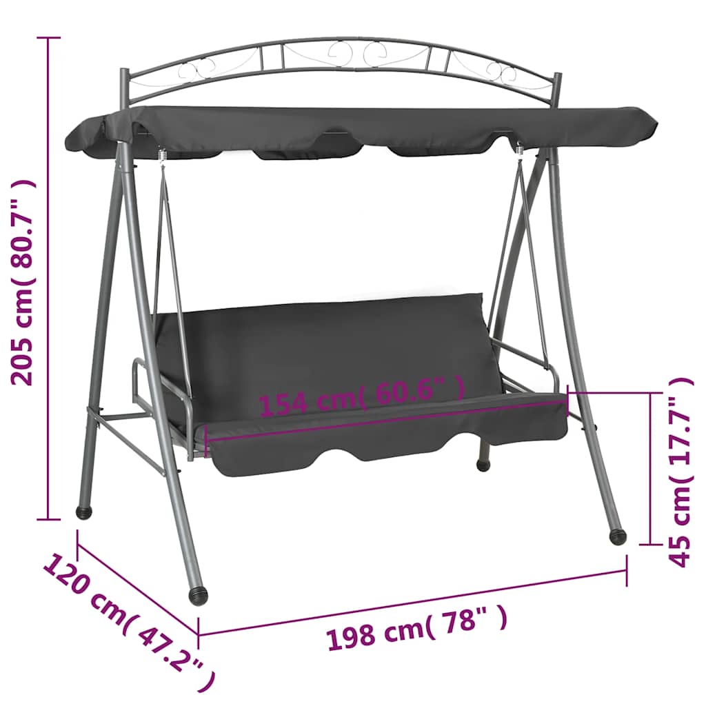 45074 vidaXL Outdoor Convertible Swing Bench with Canopy Anthracite 198x120x205 cm Steel
