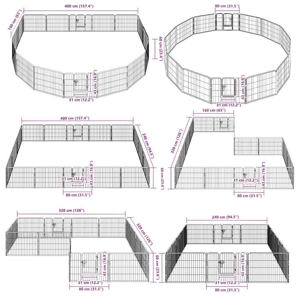 Dog Playpen 16 Panels Steel 60x80 cm Black