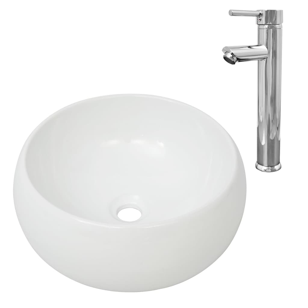 vidaXL Bathroom Basin with Mixer Tap Ceramic Round White