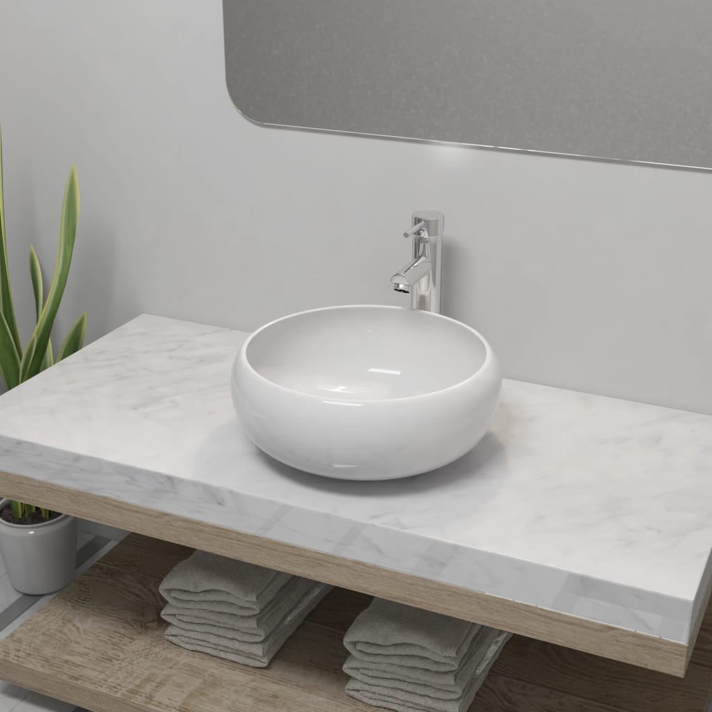 vidaXL Bathroom Basin with Mixer Tap Ceramic Round White