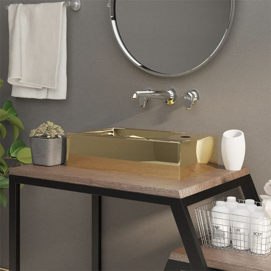 vidaXL Wash Basin with Overflow 49x25x15 cm Ceramic Gold