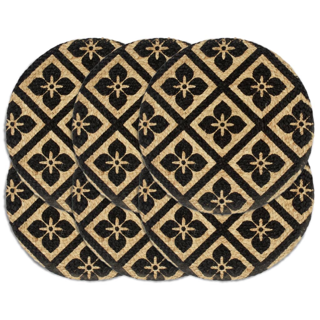 Placemat | Set of 6 | Black | Jute | 38 cm diameter | Non-slip | Placemat