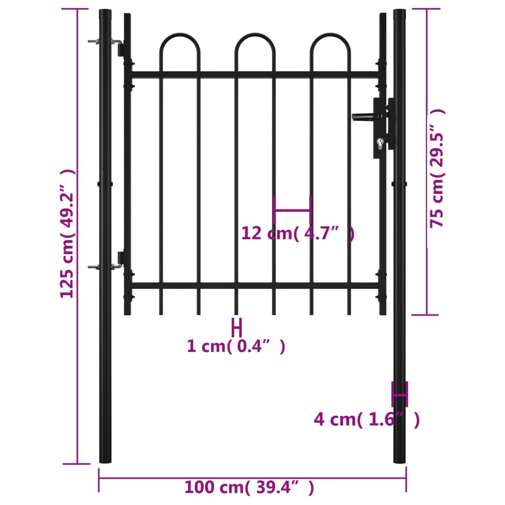 vidaXL Single Door Fence Gate with Hoop Top 100 x 75 cm