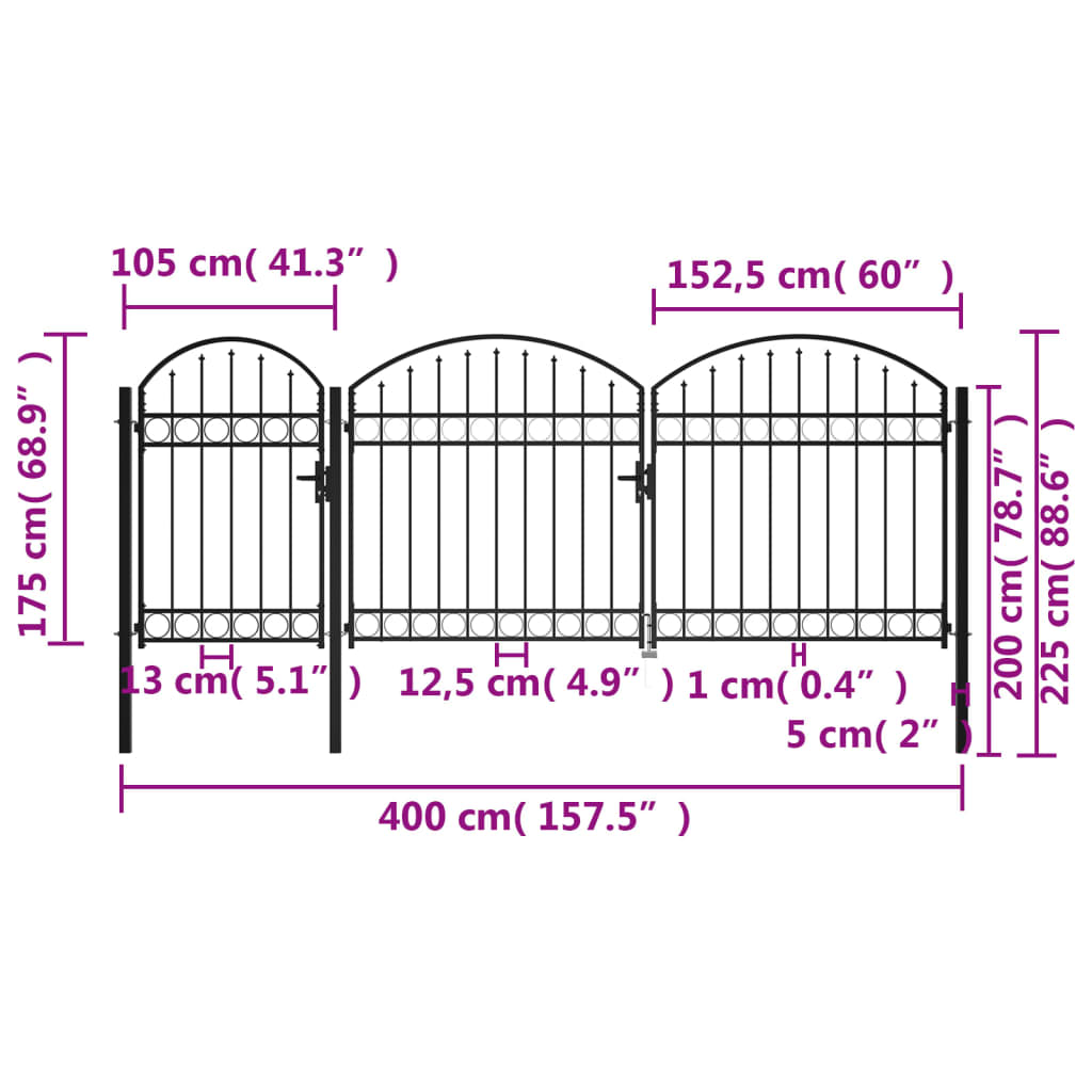 vidaXL Garden Fence Gate with Arched Top Steel 2.25x4 m Black