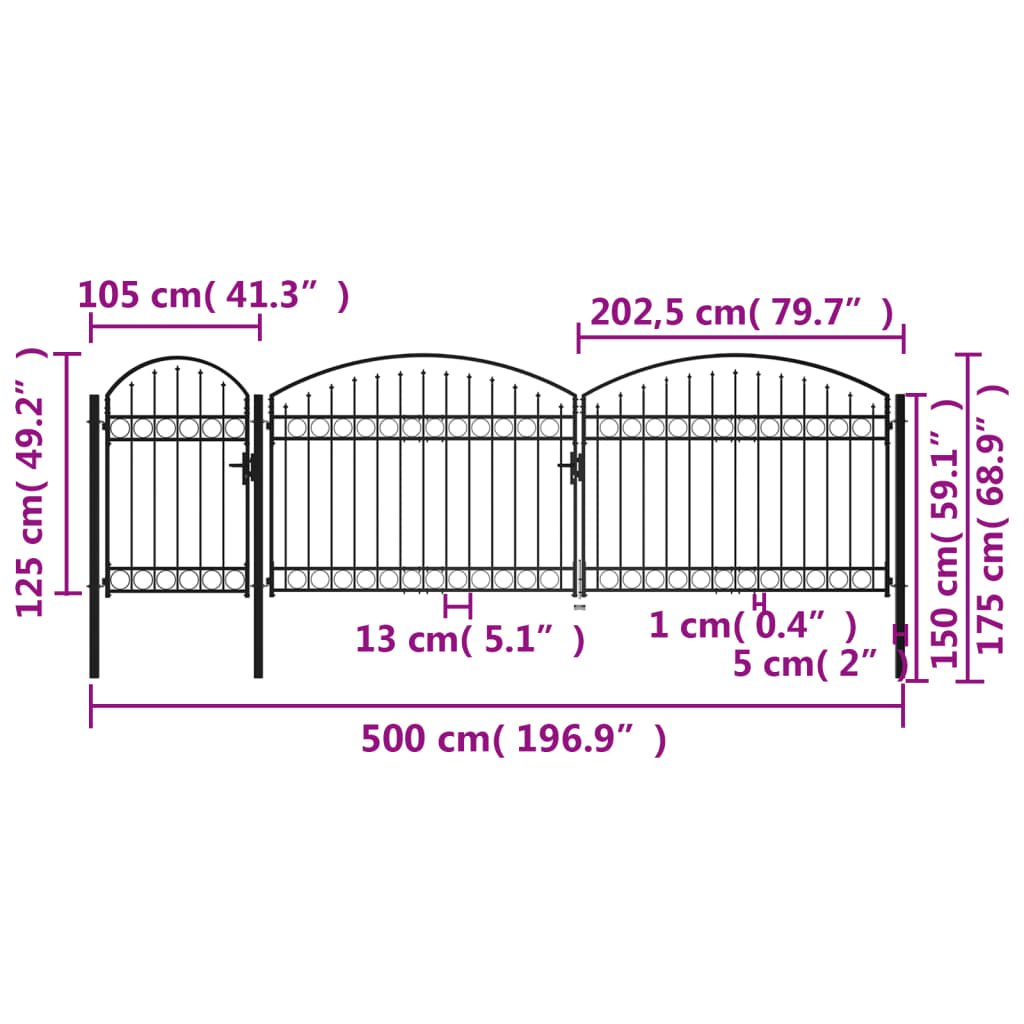 vidaXL Garden Fence Gate with Arched Top Steel 1.75x5 m Black