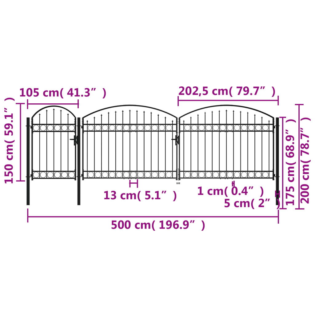 vidaXL Garden Fence Gate with Arched Top Steel 2x5 m Black