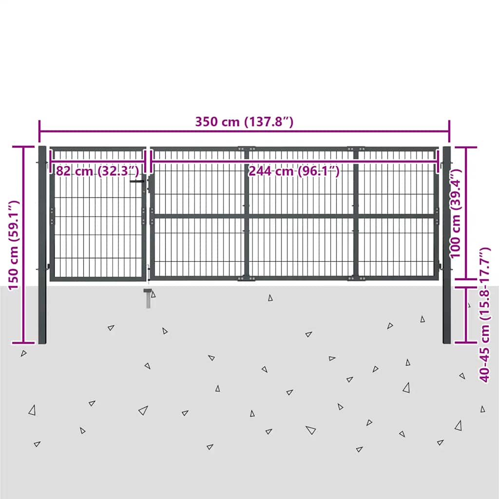 Garden Gate with Posts Steel 350x100 cm Anthracite