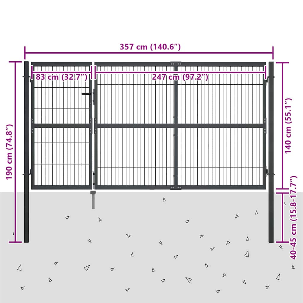 Garden Gate with Posts Steel 350x140 cm Anthracite