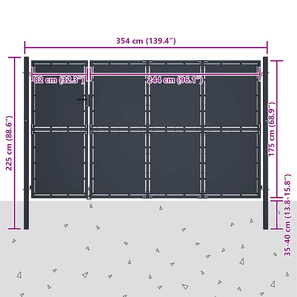 144539 vidaXL Garden Gate Steel 350x175 cm Anthracite